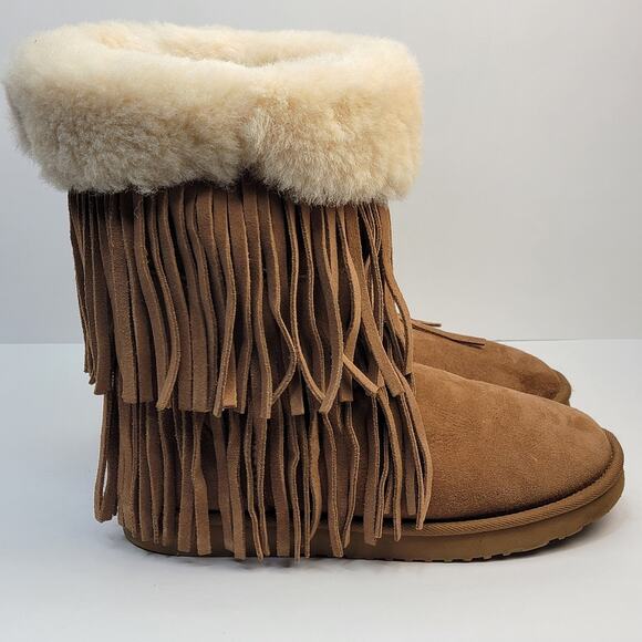 Koolaburra UGG 8M Haley Shearling Fringe Boots Tan Sheepskin Suede Winter Boho - Picture 3 of 11